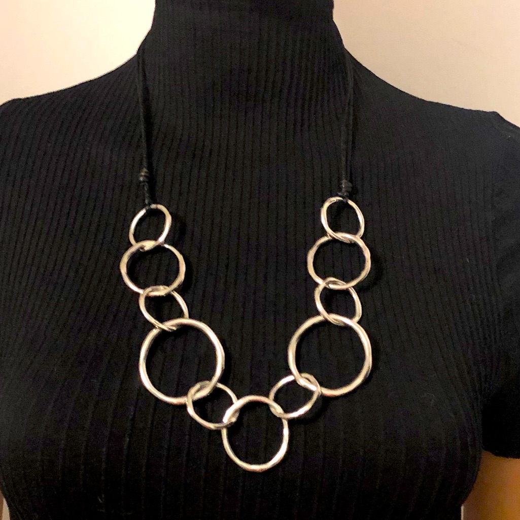 Escape From Paris Uneven Silver Rings Links Adjustable Black Cord Necklace $89